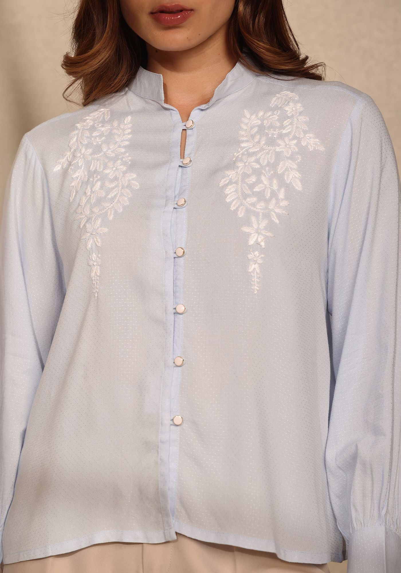 Mandarin Collar Rayon Swiss Dot Shirt