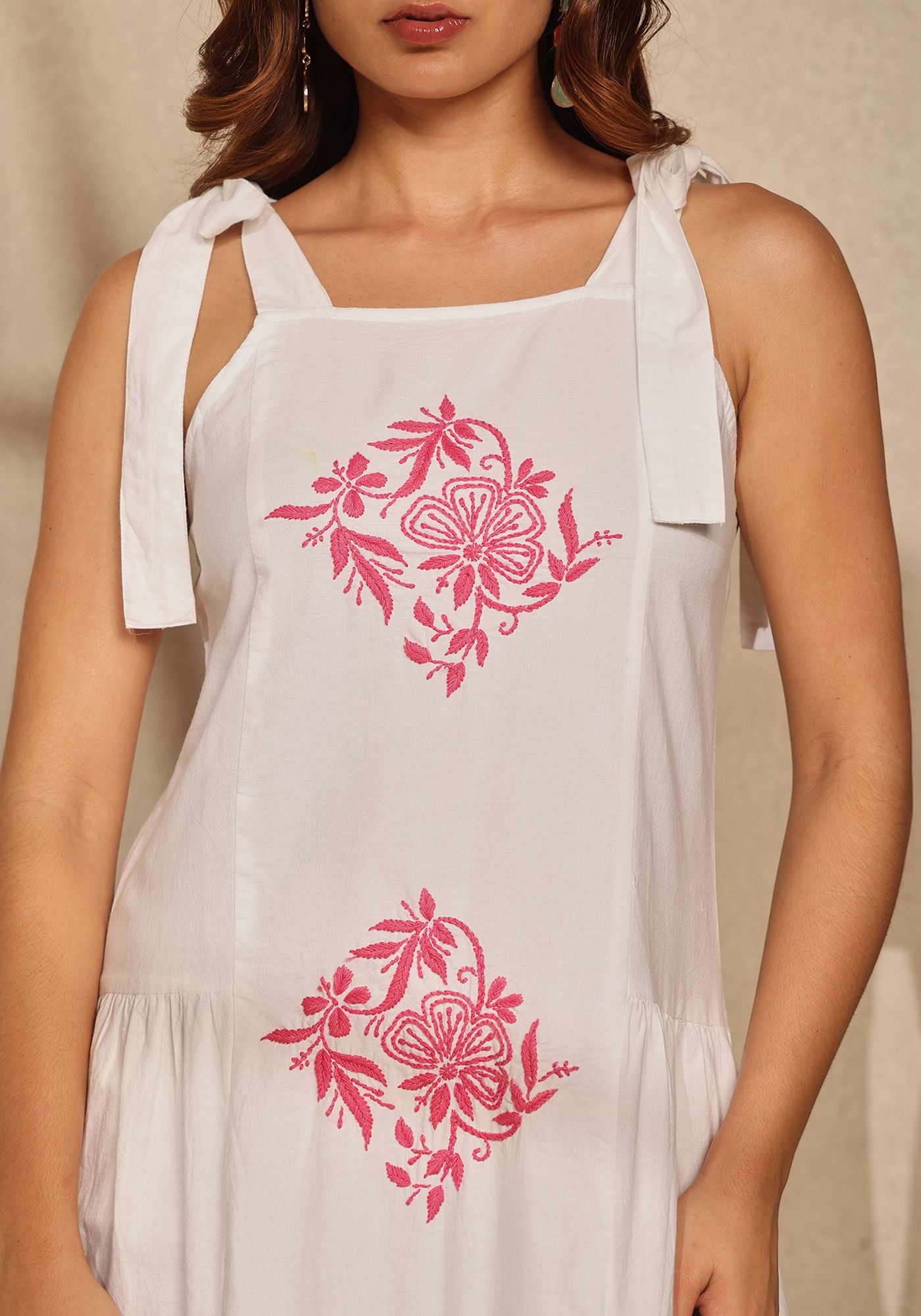 Pocket Maxi Tie-up Cotton Chikankari Dress