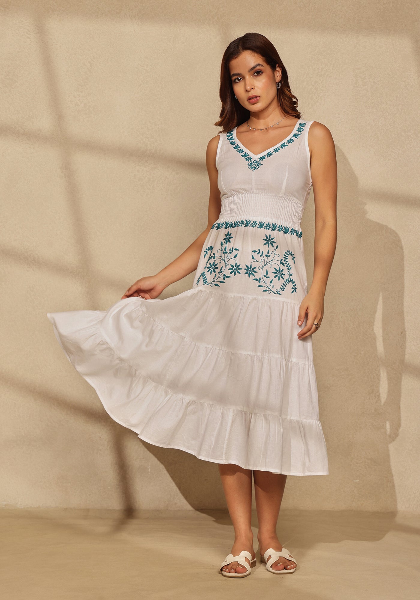 Smocked Tier Cotton Chikankari Dress