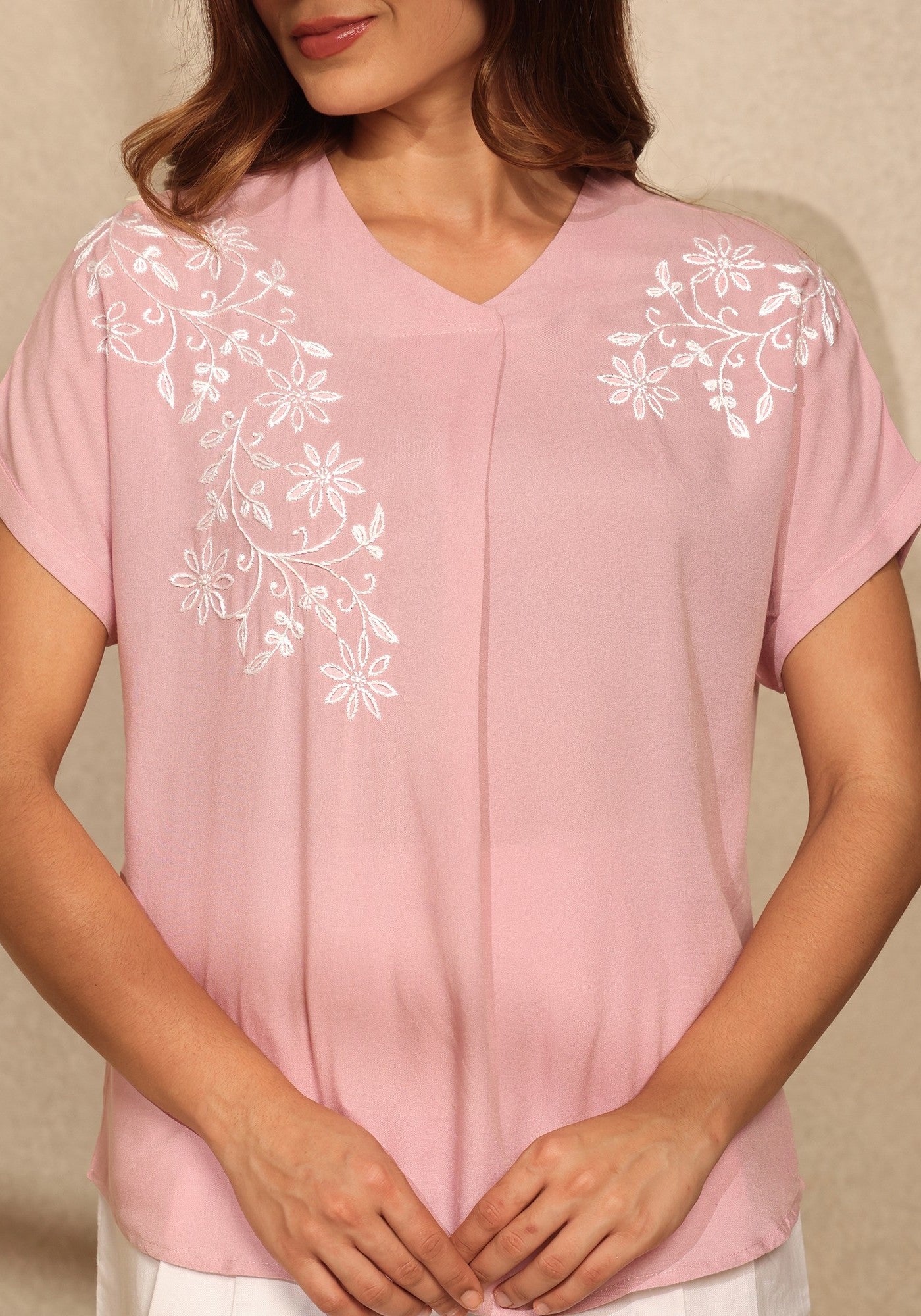 Box Fit Overlap Rayon Chikankari Top